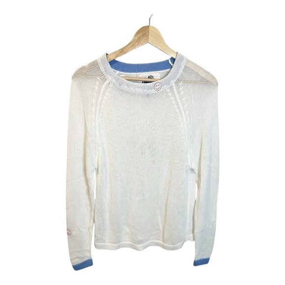 Just Madison Cotton Linen Sweater Small White Blue Detail Nautical Coastal NWT - Picture 2 of 7